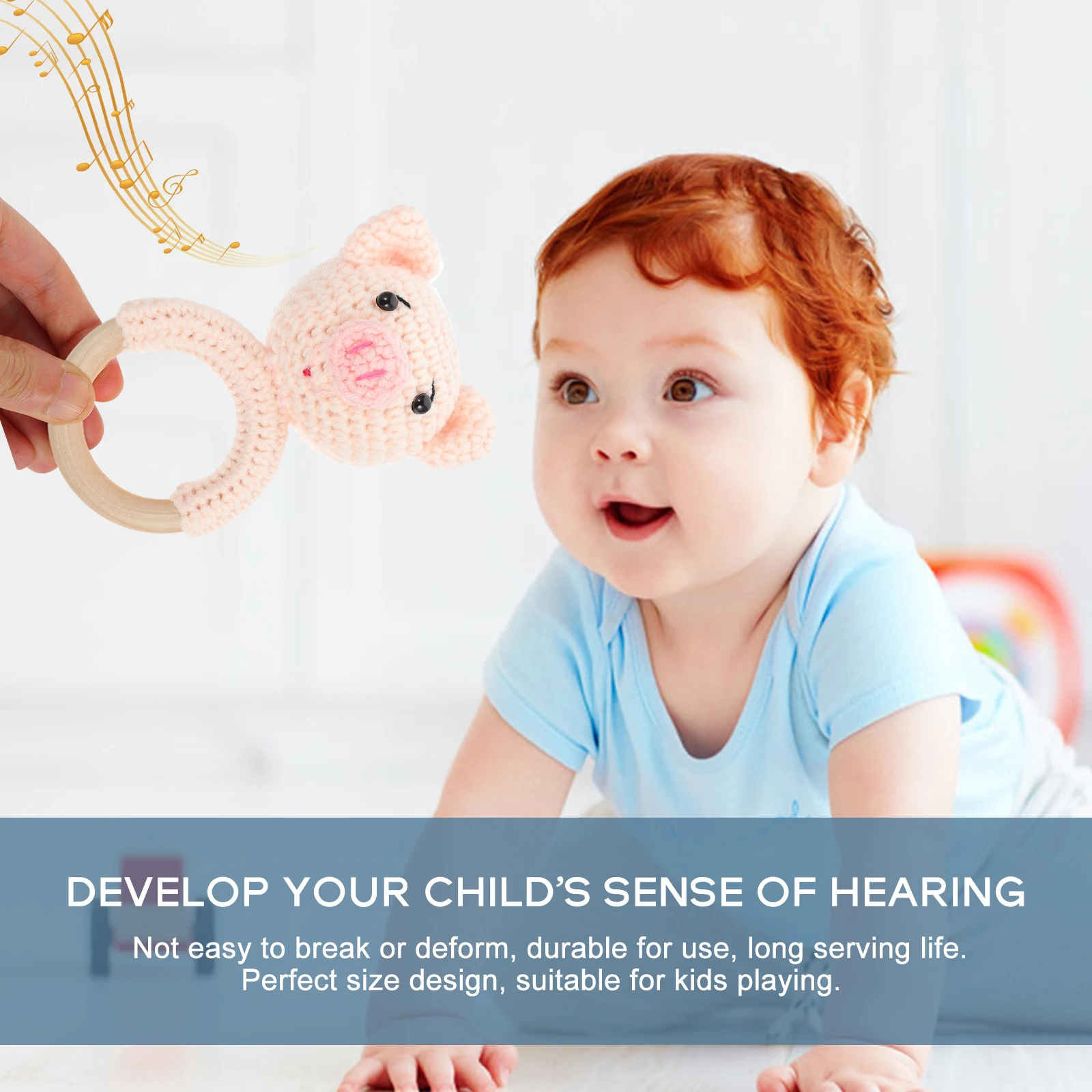 

Baby Soothing Ring Shaker Grasp Shake H Sensory Toddler Rattles Early Education Pacifying Soft Wood Pig Design Baby