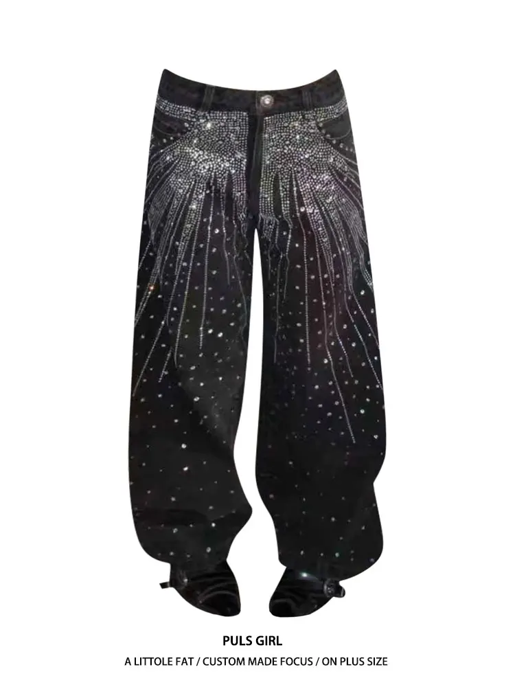 

plus Size American Retro Star Rhinestone Wide Leg Jeans Women's Loose Slimming Casual High Waist Street Style Denim Pants