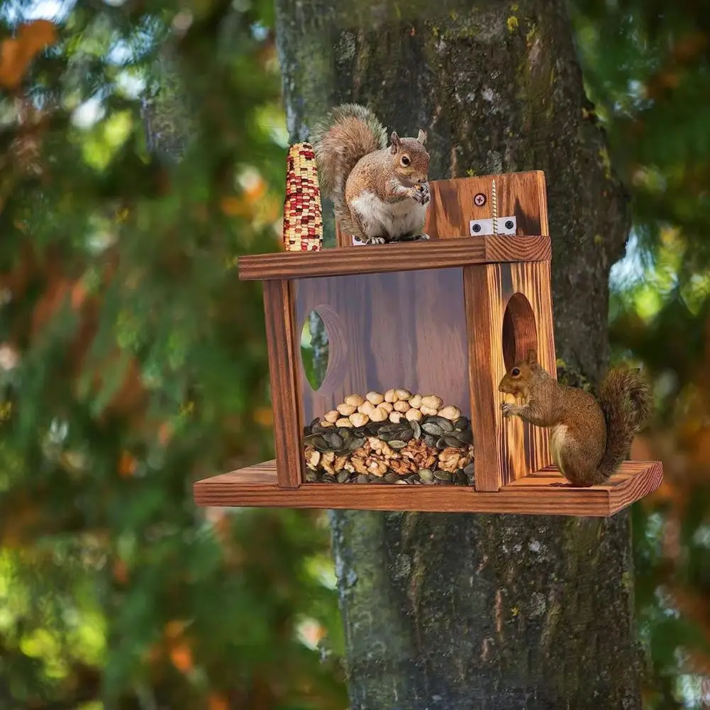 Squirrel Feeder Pine Wood Rustic Squirrel Feeder Pine Chipmunk Feeder House with Transparent for Garden Corn Outside