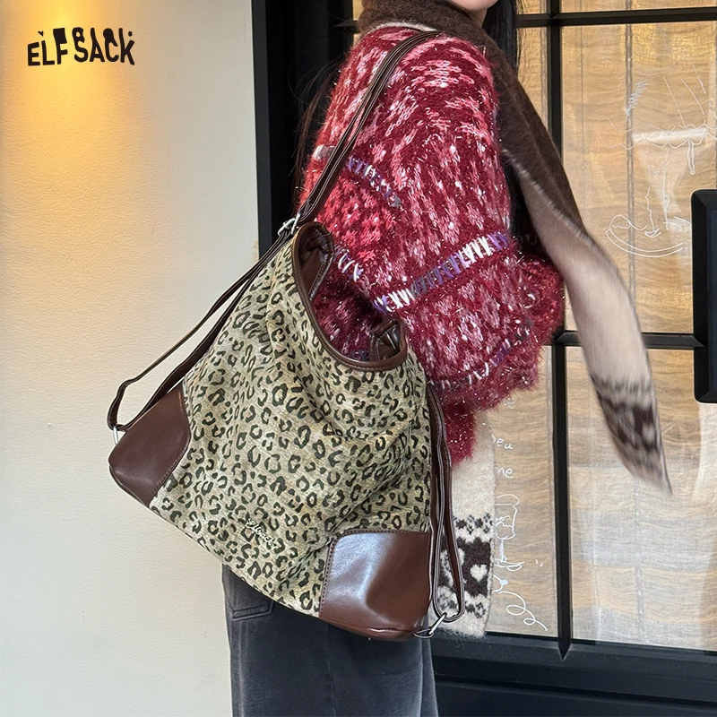 

ELFSACK Fashionable Versatile Leopard Print Patchwork Backpack Crossbody Bag For Women