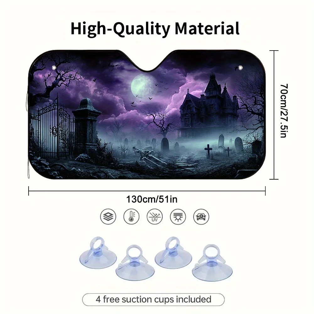 2D Flat Halloween Moonlit Cemetery Print Car Sunshade – Stylish & Efficient, Keeps Your Vehicle Cool, Includes 4 Suction Cups, E
