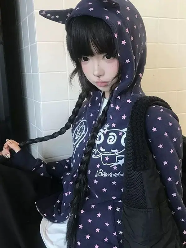 American Style Hooded Devil Double Zipper Sweatshirt Women Spring Autumn Small Design Star Print Outerwear Slim Fit Long Sleeve