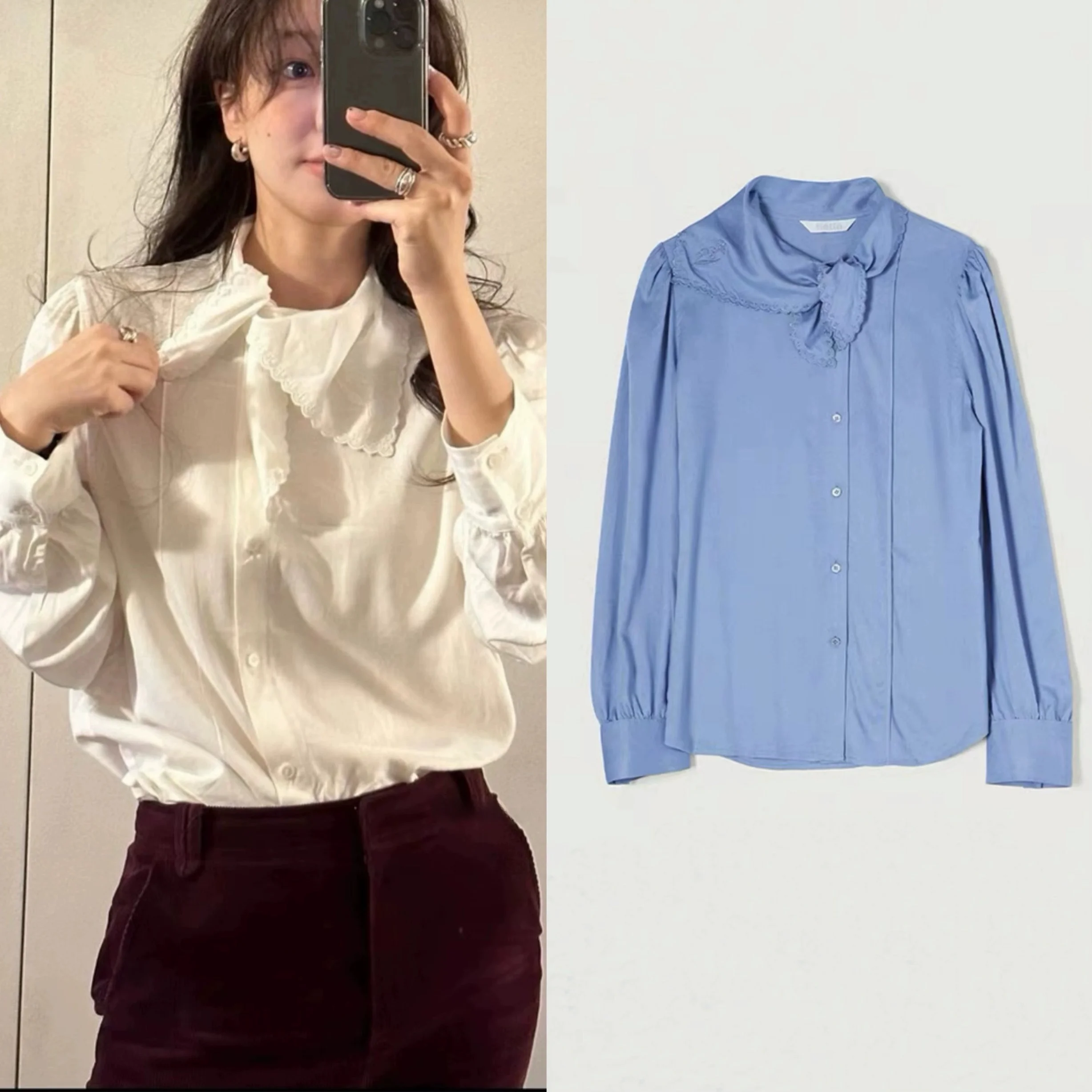 

Ele Vintage Sweet Sle Long Sve irt with Silk Scarf Knot White irt Women's Premium Faion Spring 2025