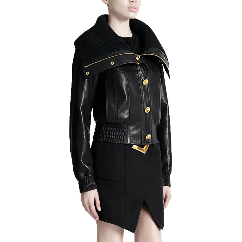 HIGH QUALITY Newest Fashion 2026 Designer Jacket Women's Slim Fitting Knitted Collar Faux Leather Jacket