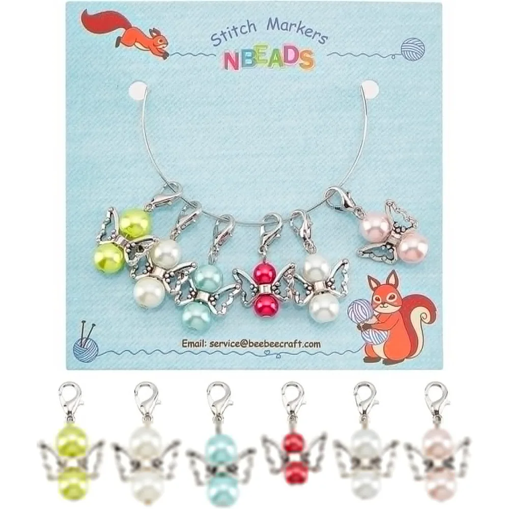 6 Pcs Angel Stitch Markers, Pearl with Wing Crochet Stitch Marker Charms Removable Dangle Locking Stitch Marker for Knitting