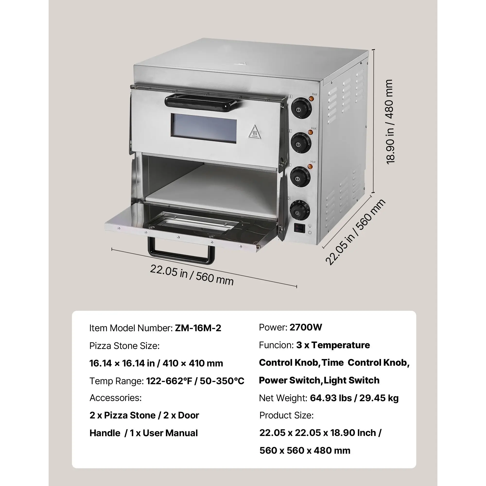 Commercial Pizza Oven Countertop, 16-Inch Double Deck Layers, Stainless Steel Electric Pizza Oven with Stone and Handle, Multipurpose Indoor Pizza Maker for Restaurant Home Pretzels Baked
