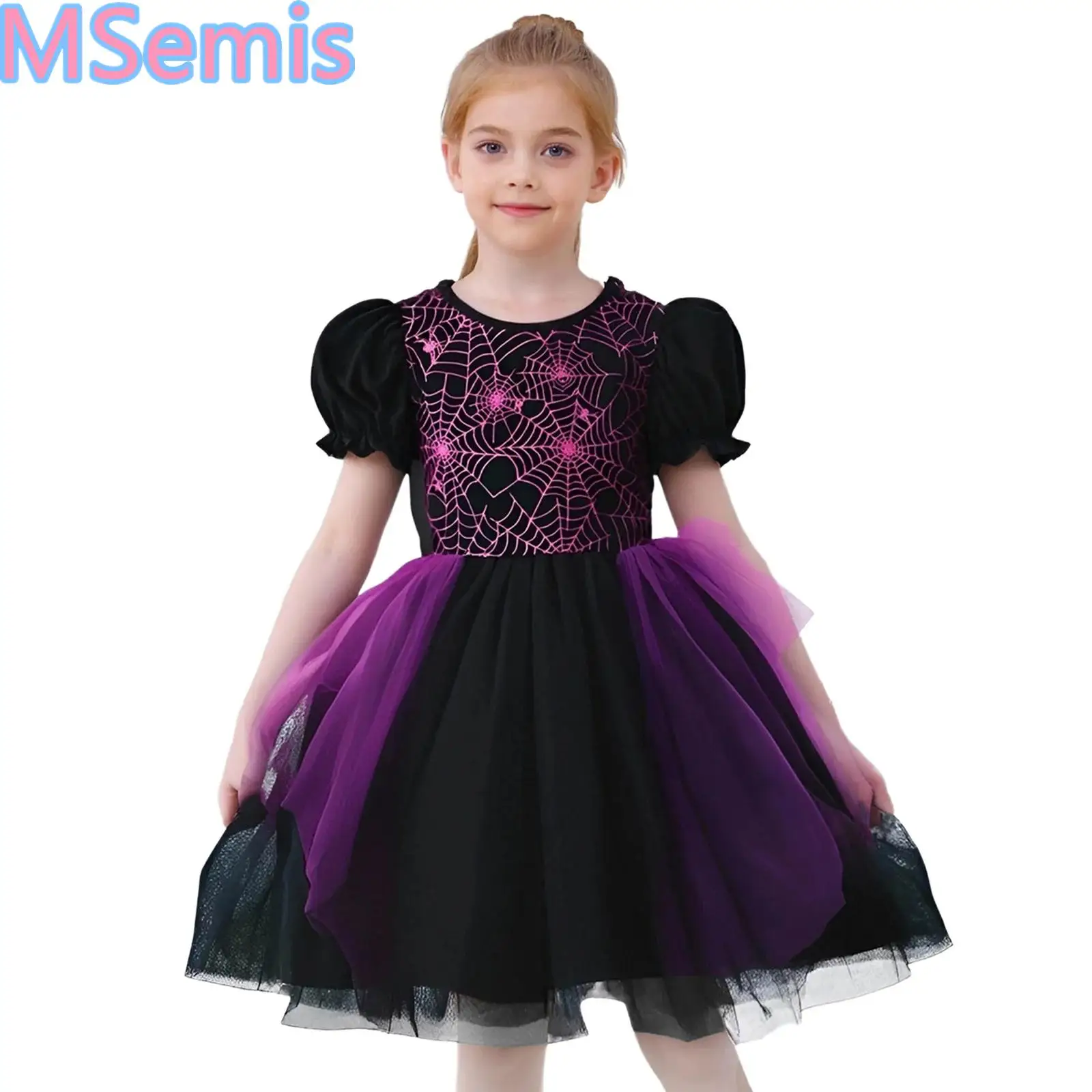 

Girls Witch Cosplay Costume Spider Web Print Halloween Puffy Sleeve Tutu Dress Vampire Princess Dress Up Xmas Birthday Parties