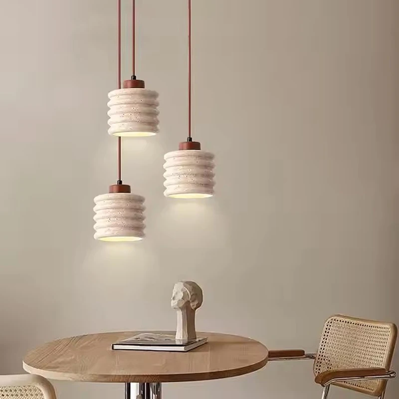 Retro Natural Stone Art Pendant Light Yellow Travertine LED Chandelier Bedroom Bedside Decoration Lighting Fixture Home Decor