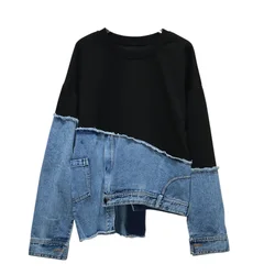 SuperAen European and American Style Autumn New Patchwork Denim Asymmetrical Fake Two-piece Fashion Casual Loose Sweatshirts