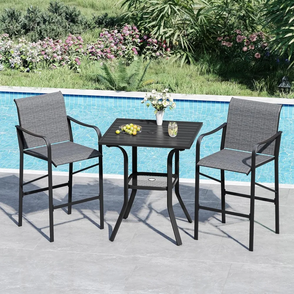 

3 Pieces Outdoor Patio Bar Set, Square Bar Height Table with Umbrella Hole and 2 Textilene Chairs for Lawn, Garden, Poolside, B