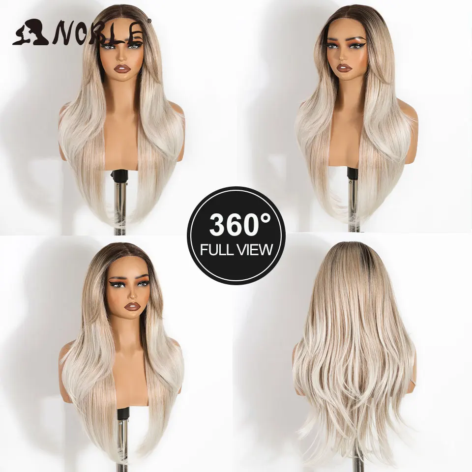 6X4, synthetische Perücken mit Spitze am Vorderteil, ohne Klebstoff, für Damen, vorgezupfte, gestufte, glatte Perücke, die man einfach aufsetzen und losgehen kann, Ombré-Weißblond, hitzebeständig. – Detail 8
