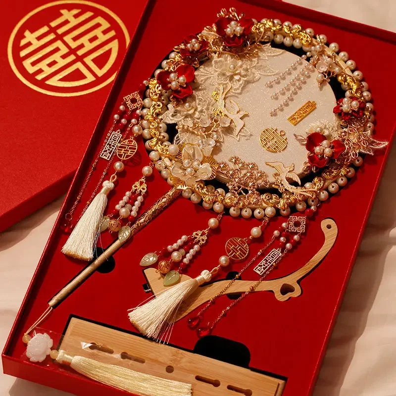 Wedding bride group fan champagne antique double circle finished Chinese wedding handmade DIY material package