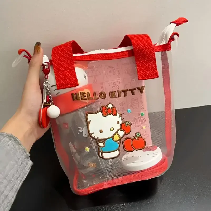 Sanrio Hello Kitty-Bolso de hombro de malla Kawaii, bolso Bento de mano con estampado bonito, bolso ligero transparente, regalo para niña