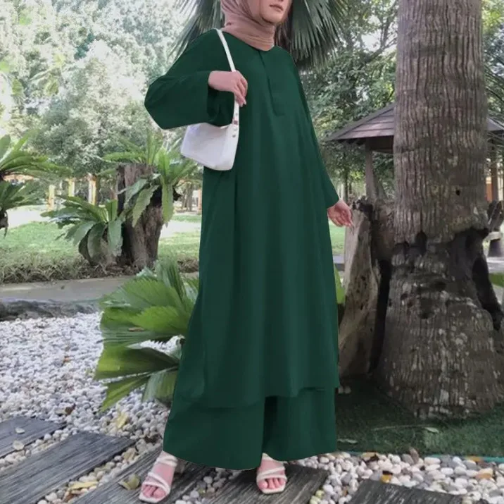 Ramadan 2 Piece Women Long Robe Wide Leg Pants Suit Dubai Ensemble Islam Casual Kimono Modest Arabic Muslim Morocco Outfits