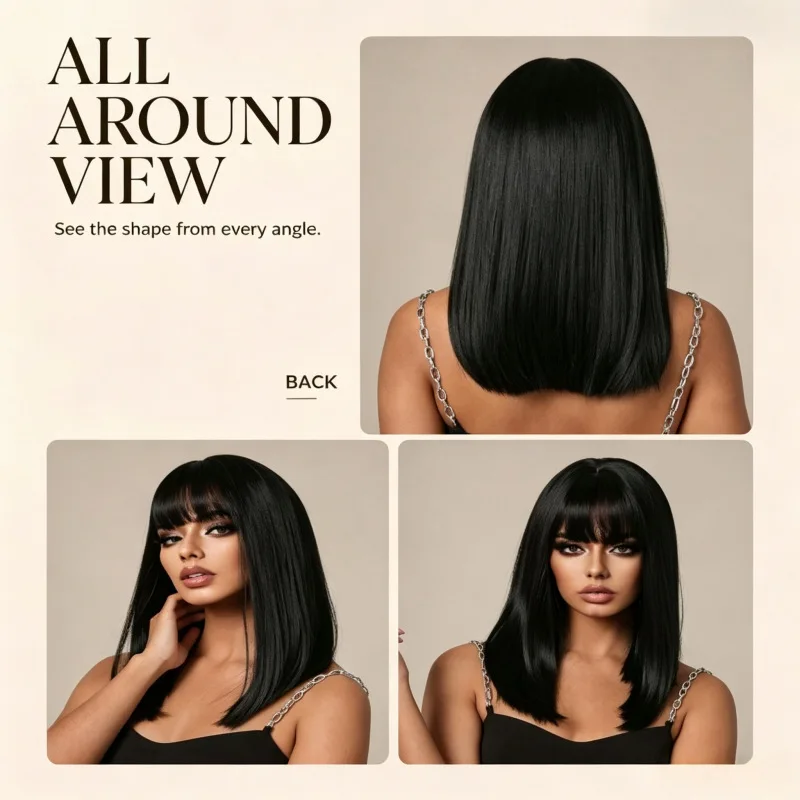 Medium and long Qi bangs Bobo head simulation hair thick bangs black long straight hair wig for daily wear
