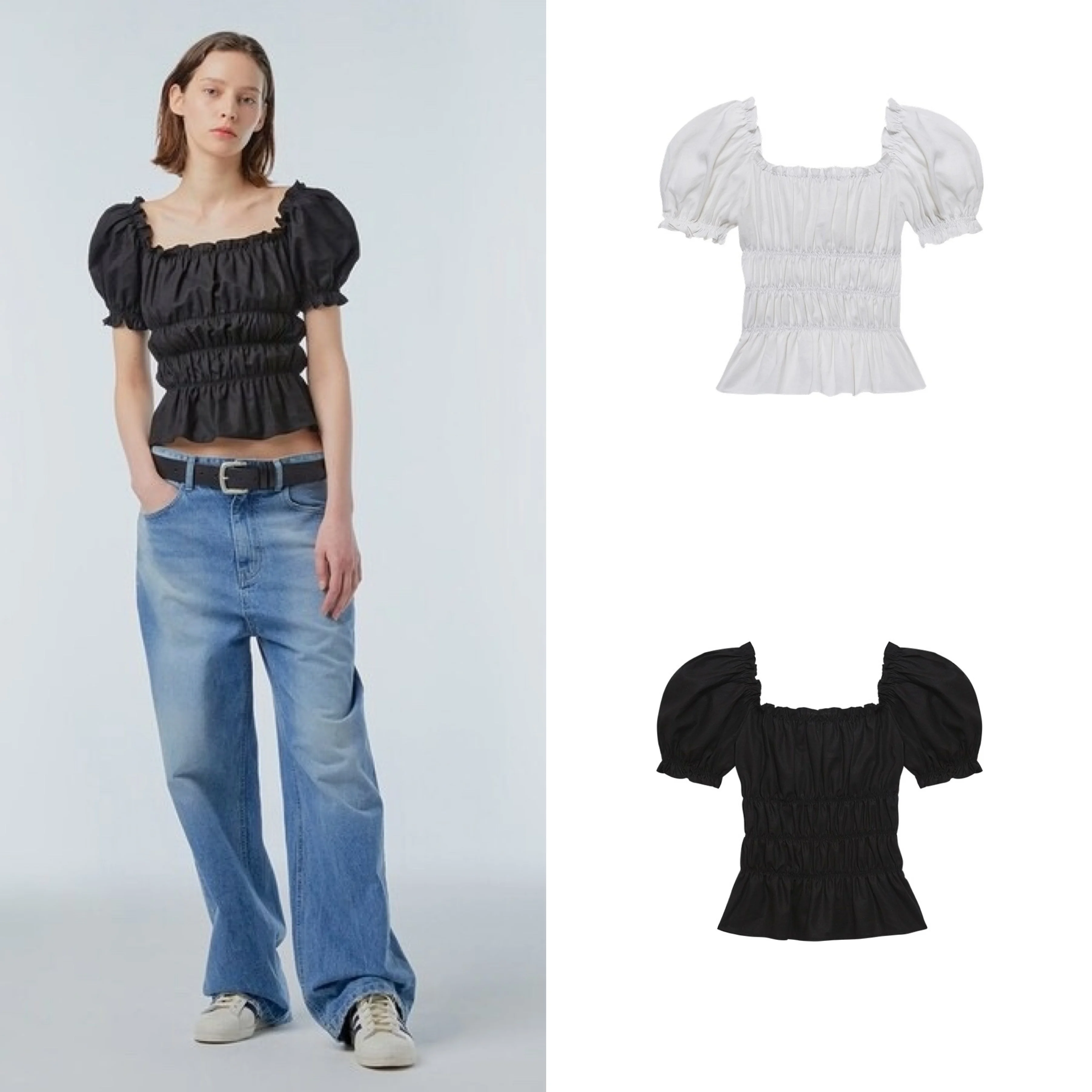 

Princess Style Short Sleeve Bubble Sleeve Pleated One Shoulder Shirt Women's Fashion Summer Cotton Blend Casual Blouse