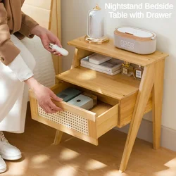 Bamboo Nightstand Bedside Table, Modern Wood Side Table with Storage, Small End Table for Bedroom with Drawer and Open Shelf