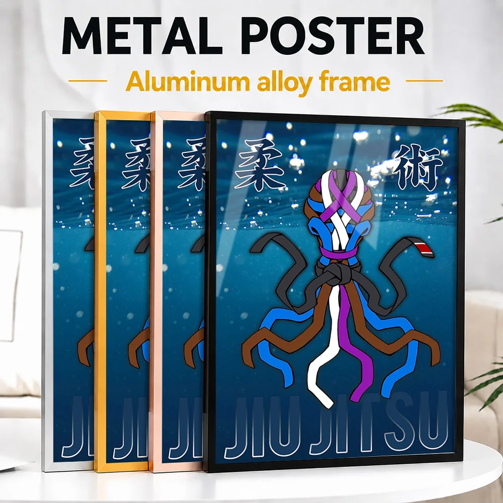Jiu Jitsu Belts Octopus Framed Aluminum Metal Poster Personalized Illustration Wall Art For Home Gym And Martial Arts School