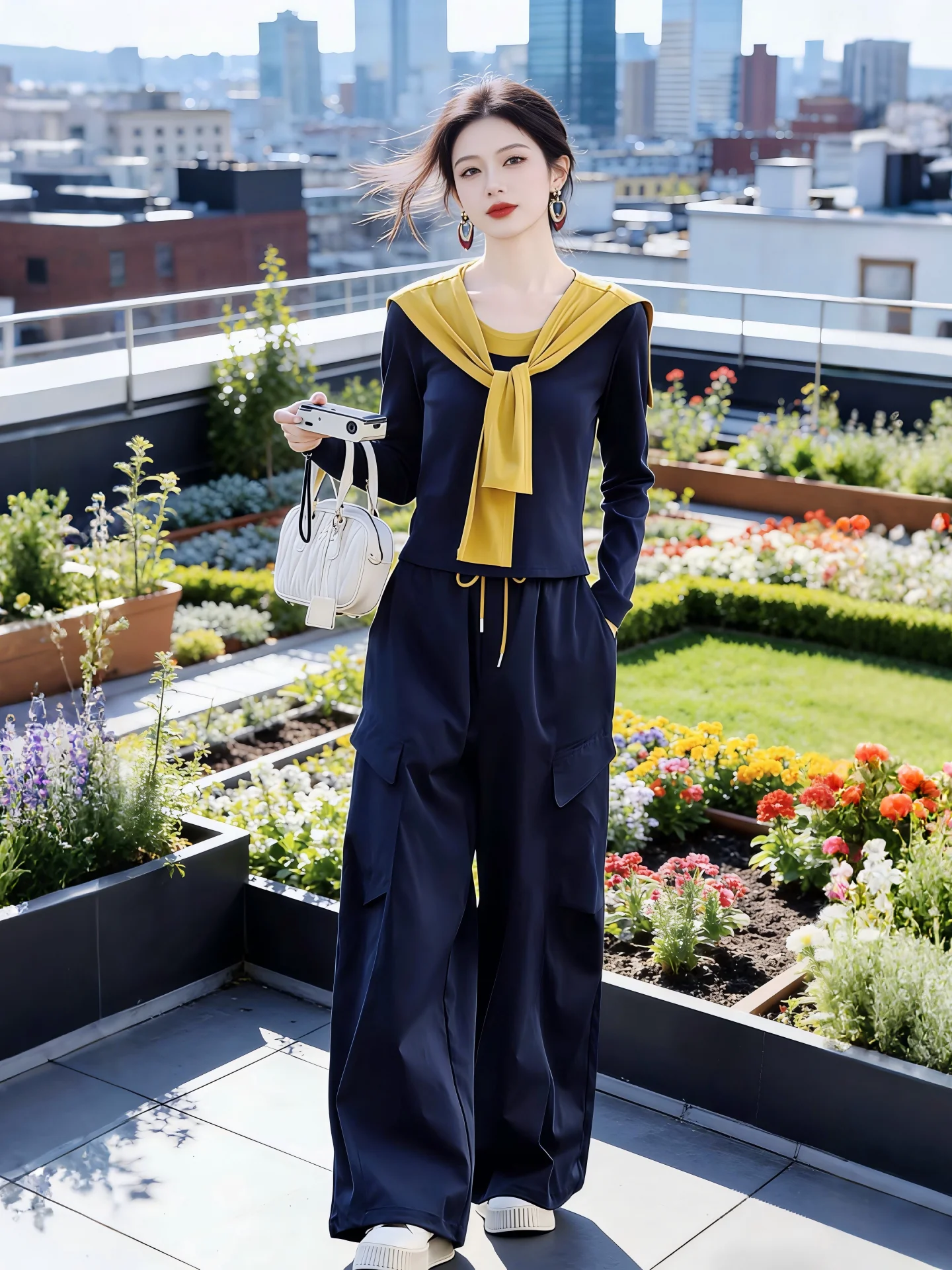 

Spring 2026 Women's Korean Style Chic Color Block Belted Top Bottoms Set Wide Leg Pants Ensemble Age Defying Trendy Outfit