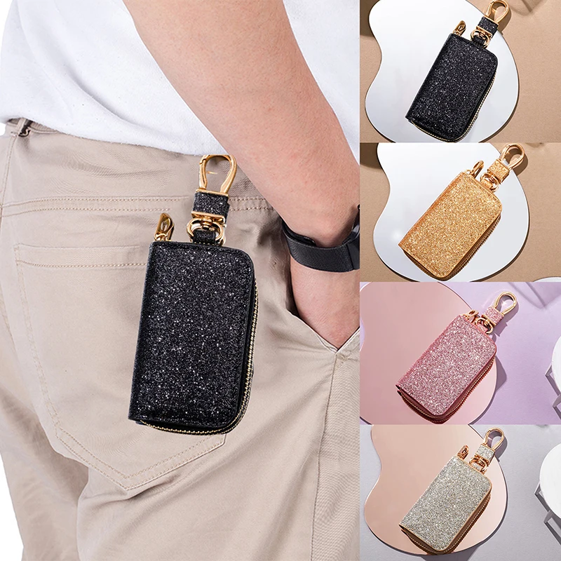 Shiny PU Key Pouch Zipper Key Holder Organizer Car Key Bag Keychain Wallet Fashion Simple Key Case Bag Car Key Protect Cover