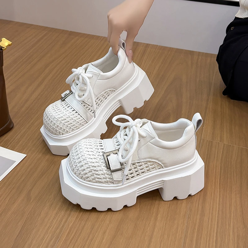 Thick-soled Square-toe Round-top Lace-up Waterproof Platform Versatile Comfortable Anti-slip Breathable Women's Single Shoes