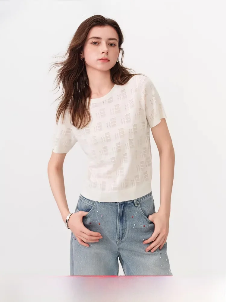 

Femela Summer 2026 New Style Soft Breathable Short Sleeve Knitted Sweater Women's round Neck Hollow out Texture Commute Style