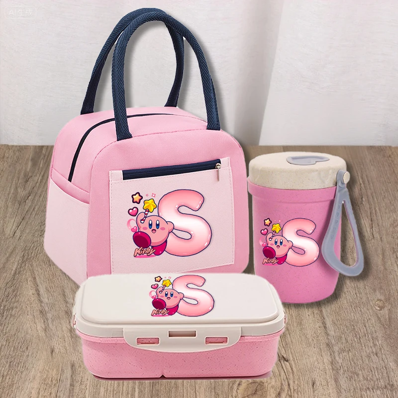 

Kirbys Letter Lunch Bag+Bento Box +Soup Cup 3pcs Set Kids Sport Drinking Bottle Boy Girl Lunch Box Food Thermos Handbag Gift