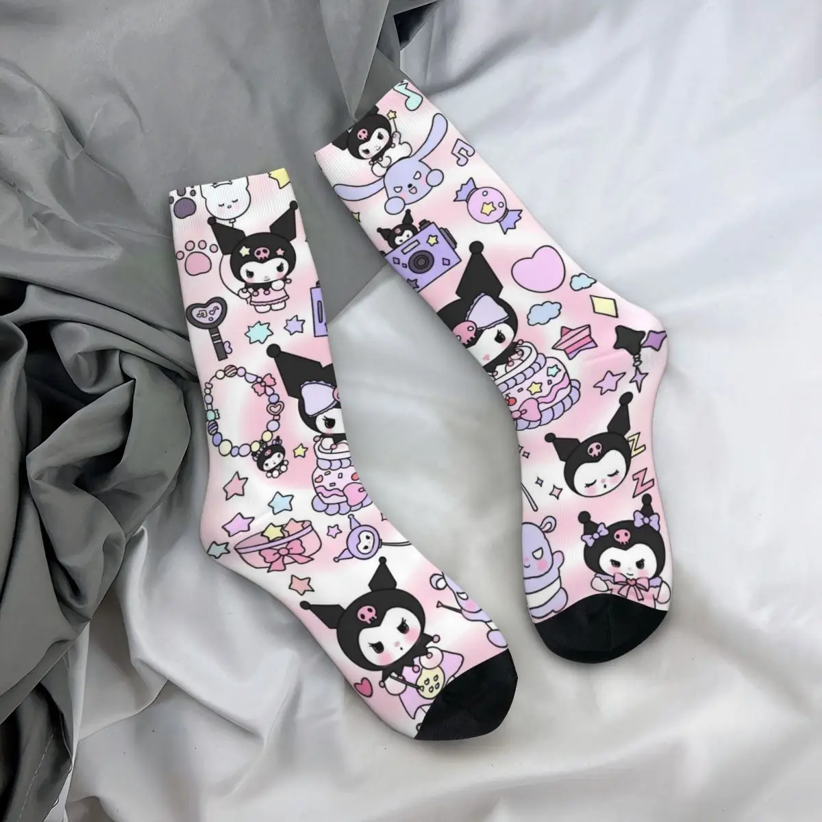 Unisex Harajuku Kuromi Futebol Meias, Meias longas do poliéster, Desenhos animados