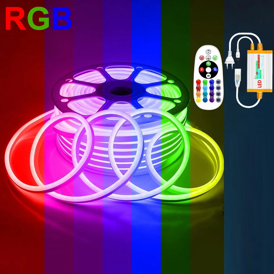 

Светодиодная неоновая лента RGB 1м-100м, 220В, с ИК-пультом управления, SMD 5050, диммируемая, водонепроницаемая, для наружного освещения