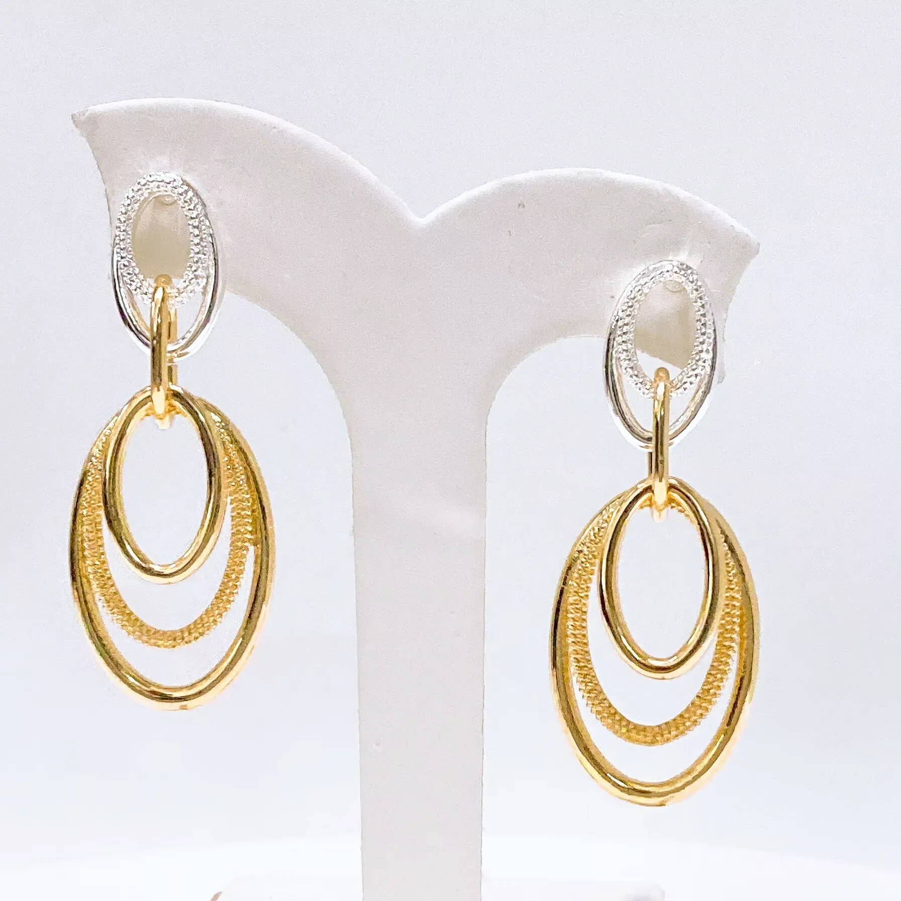 New In Tri-Color Layered Oval Twisted Drop Earrings – Gold/Rose Gold/Silver Textured Statement Earrings For Women Daily Wear