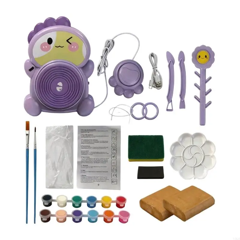 Foot-Controlled Electric Pottery Wheel Craft Set for Kids with Naturally Drying Clay, 12 Color Paint, and Corded Operation Y5GB