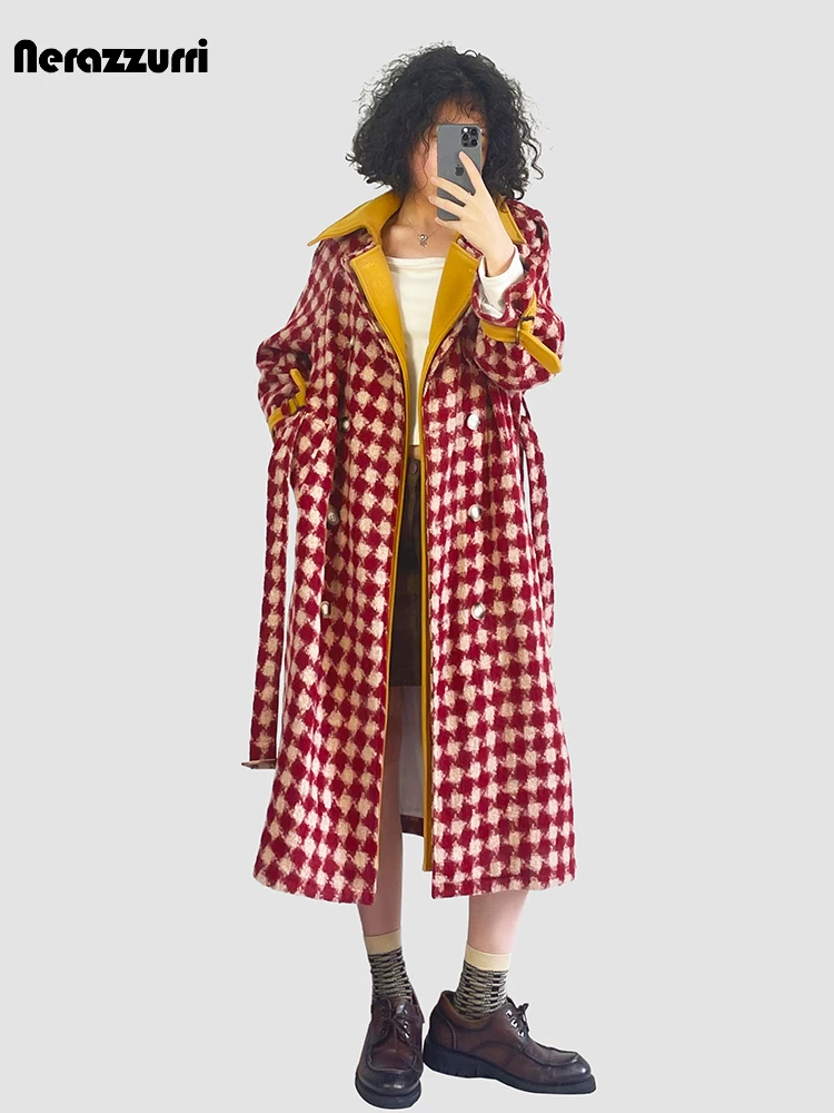 Lautaro Autumn Winter Long Warm Thick Colorful Plaid Patchwork Woolen Coat Women Sashes Luxury Chic Wool & Blends Overcoat 2024