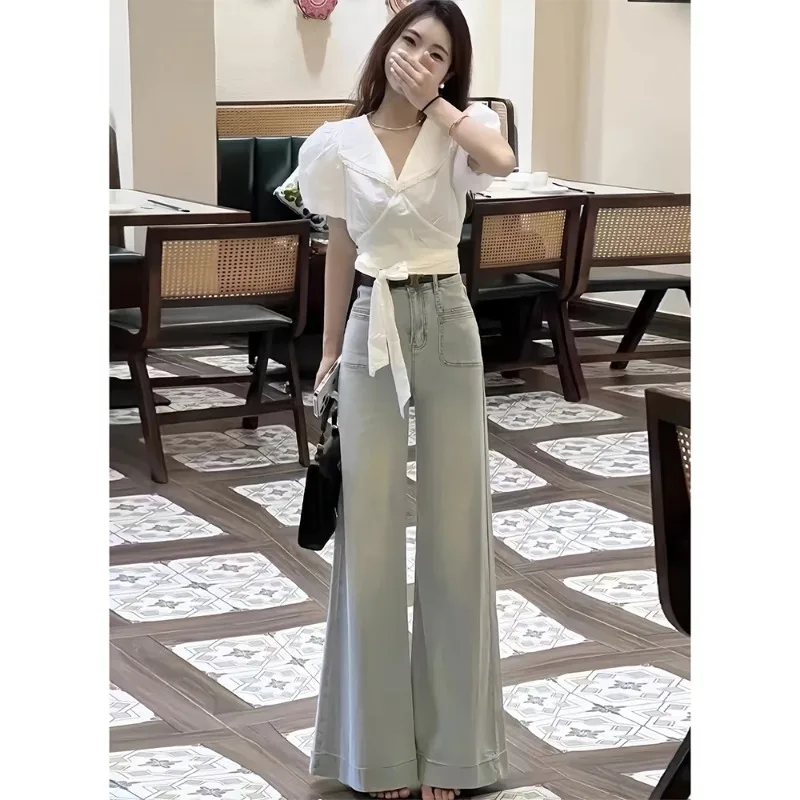Light Wide Leg Oversized Jeans Women's Small Size Loose Slimming Lazy Versatile Drapey Flared Floor-Length Trendy Pants