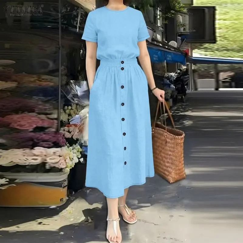ZANZEA Sommer-Damen-Freizeitrock-Anzüge mit elastischer Taille, A-Linien-Midirock und kurzärmeligen Oberteilen, 2-teilige Sets, Alltagskleidung
