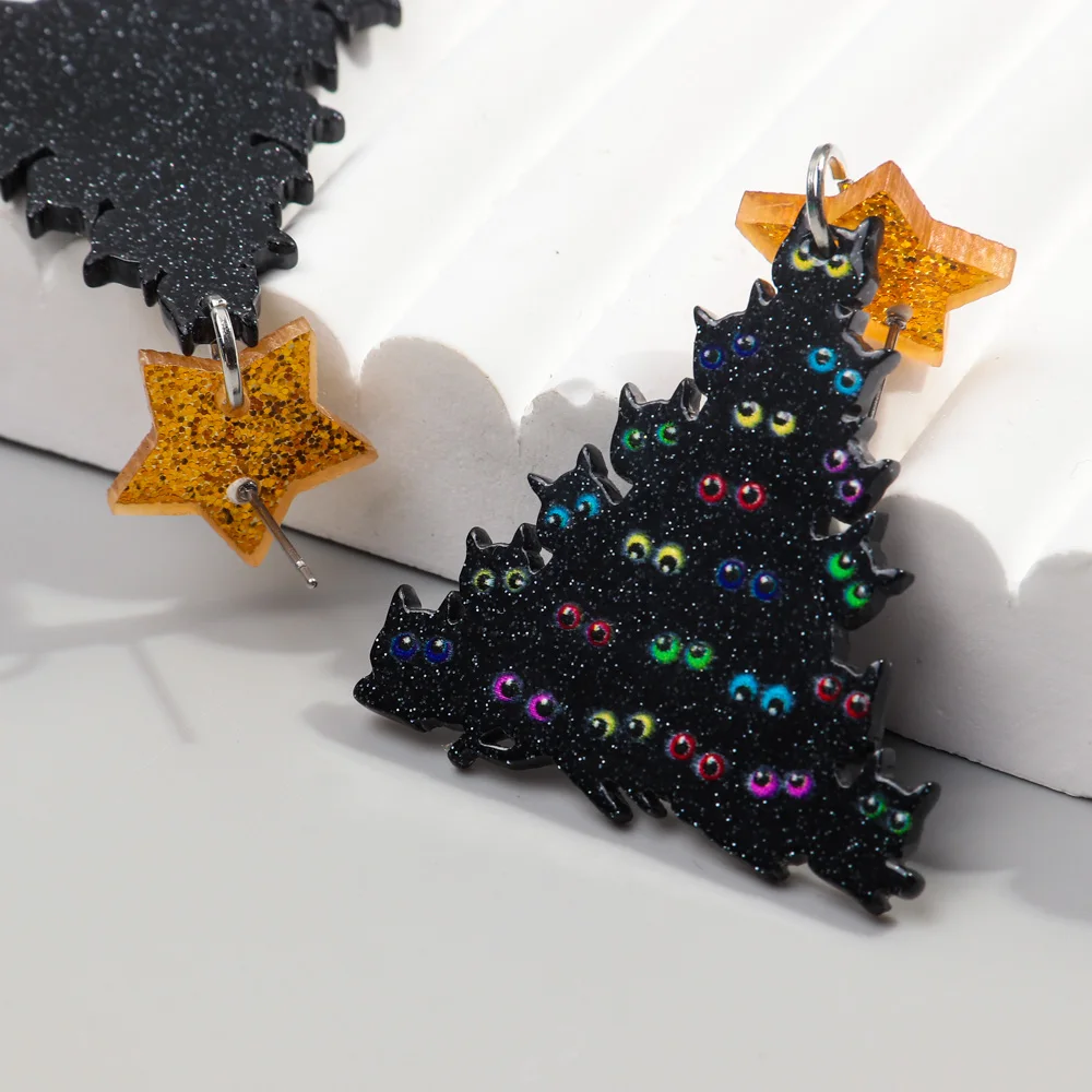 New Christmas Tree Cat Eyeballs Star Acrylic Earrings Pendants for Women Funny Xmas Tree Eyes Drop Earring Halloween Jewelry - Image 4