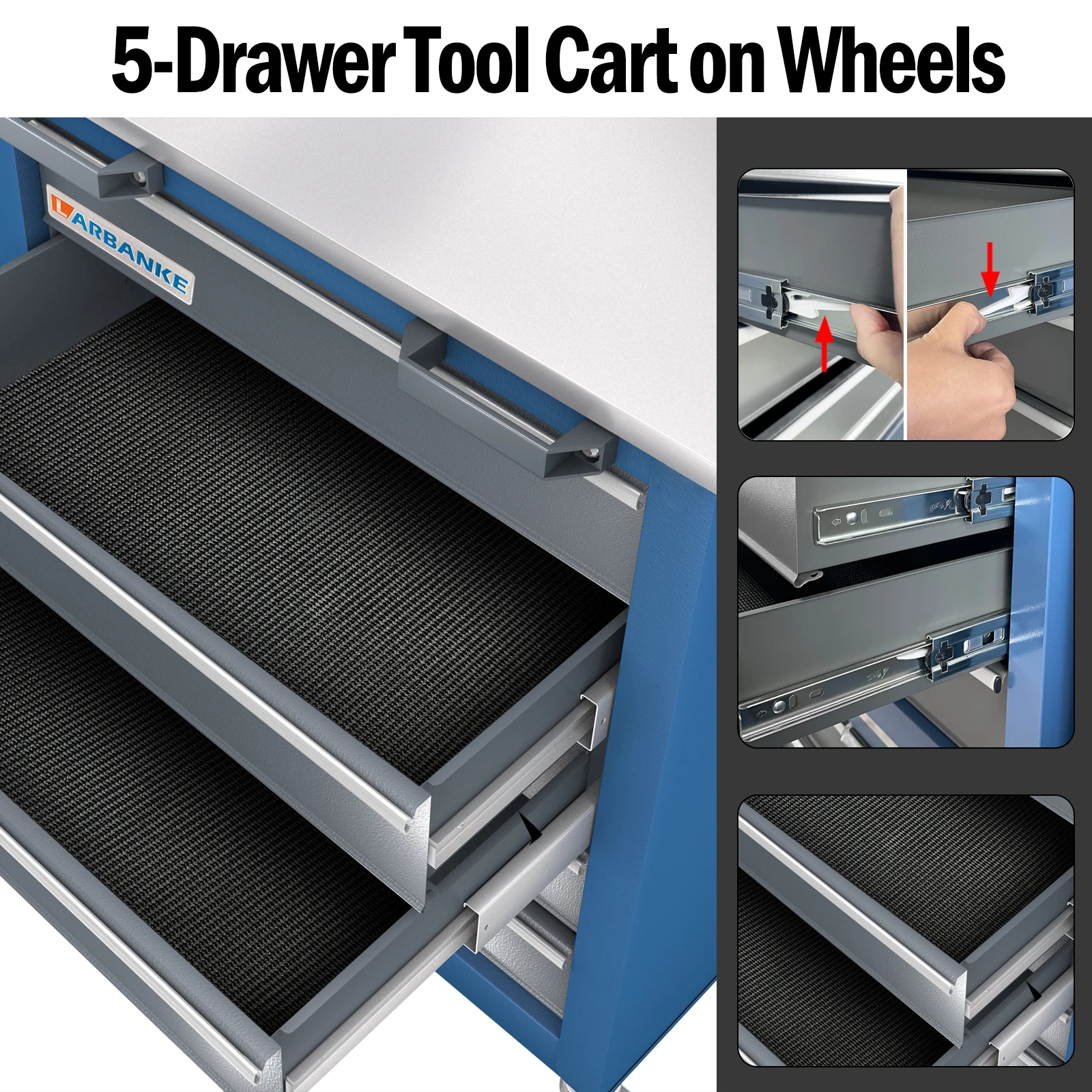 Coffre à outils 5-MELRolling, armoire à outils en métal verrouillable avec MELLiners, polymères de coton nacré antidérapant, roues à 360 ° pour un déplacement facile