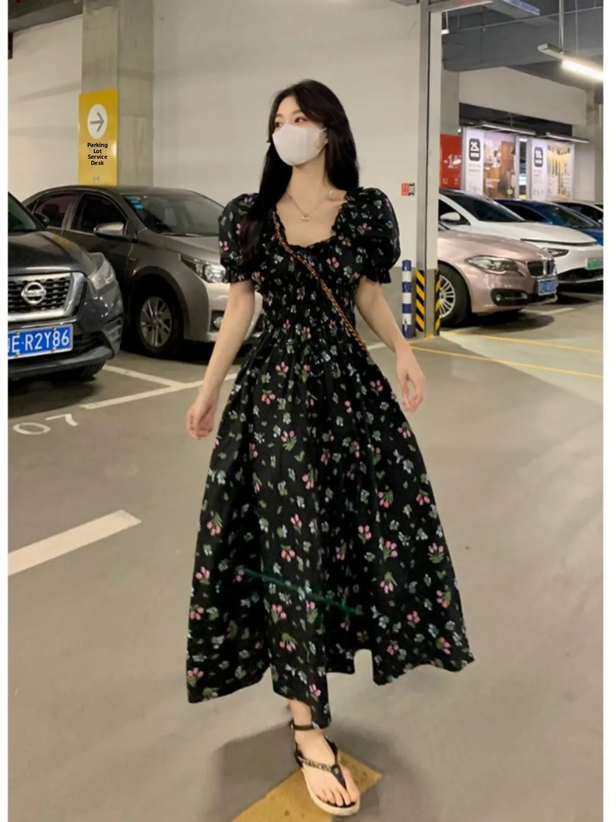 

plus Size Women's Vintage Floral Pleated Dress Slimming Waist A-Line Long Skirt Korean Style Commute Flower Pattern Summer Dress
