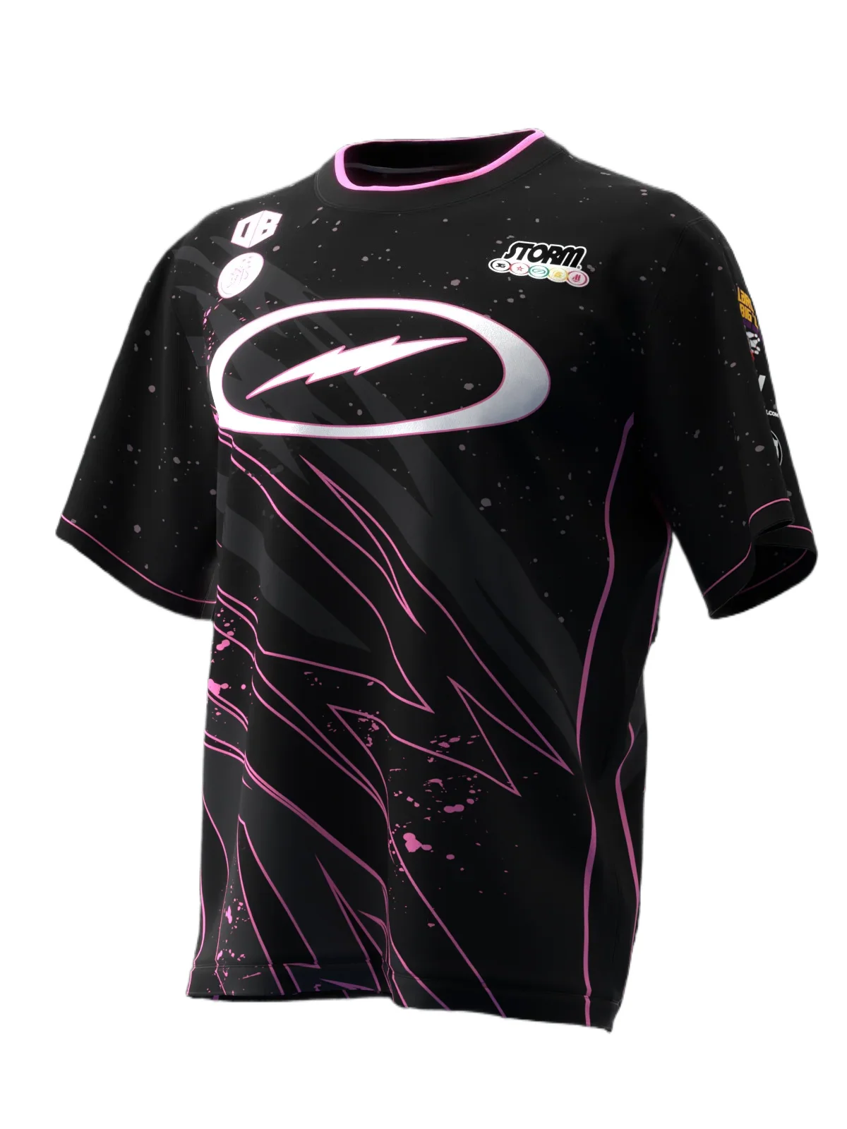 Short Sleeve Bowling Jersey in Black and Pink, Magenta Lines Speckled Background, Large Lightning Graphic Cool Esports Aesthetic