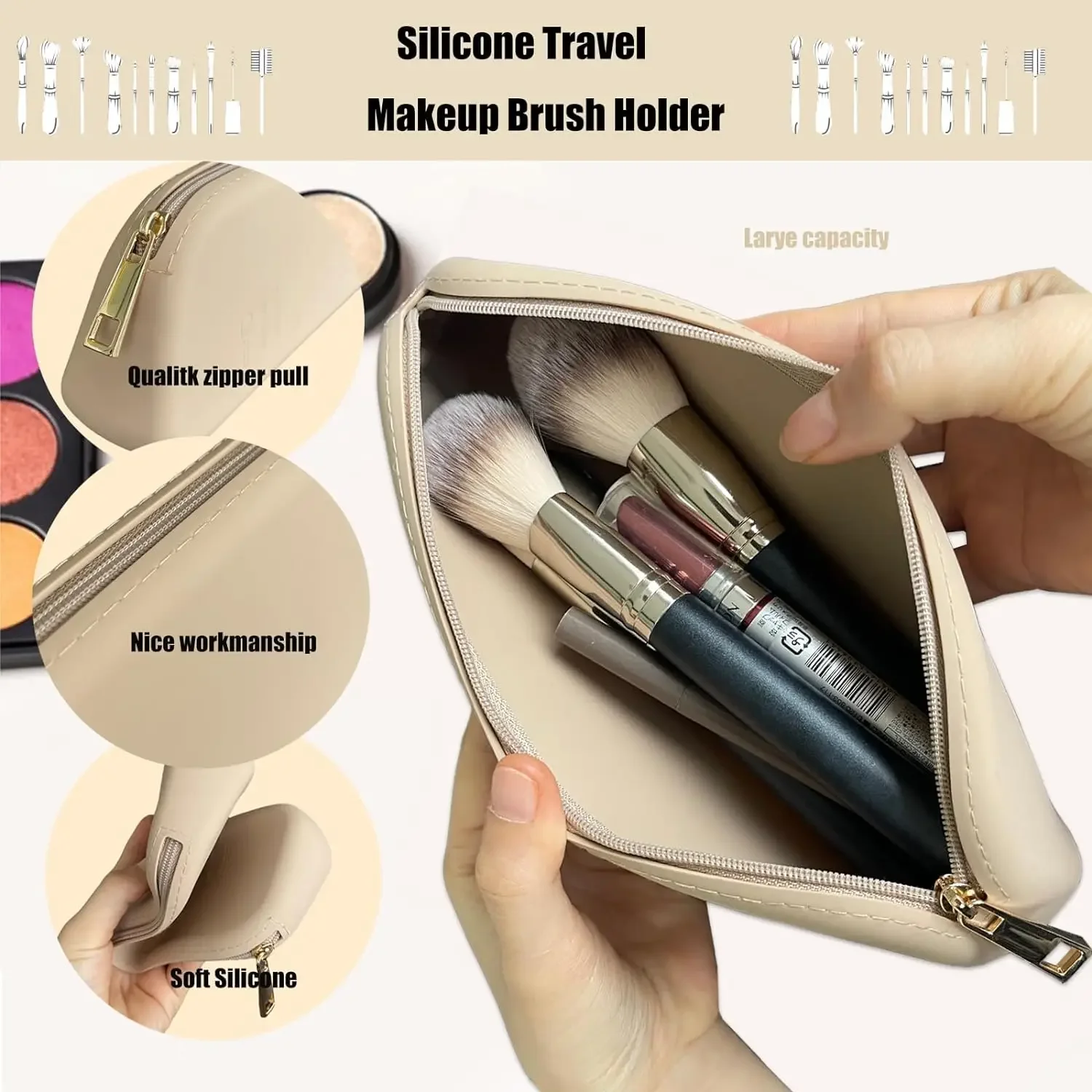 Porte-pinceau de maquillage en silicone, sac à pinceaux de maquillage de grande capacité, sac à pinceaux cosmétique de voyage portable pour le voyage et 03