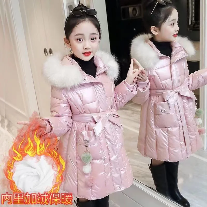 -30℃ Winter Glossy Padded Coats Big Kids Hooded Fleece Thick Warm Outerwear Cashmere Parka Snowsuit Jackets Girls Cotton Clothes