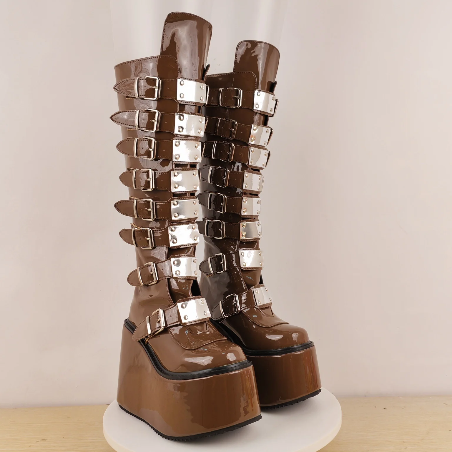 Brown Patent Multi Buckle Platform Knee High Boots Gothic Punk Women Rock Street Edgy Retro Chunky Statement Fashion Footwear