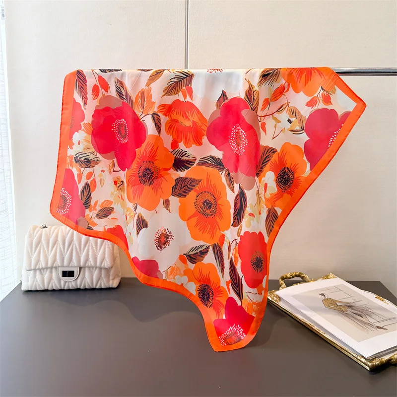 

2026 Новая мода Роскошный квадратный шелковый женский шарф 70 см с цветочным принтом атласные шарфы шаль дизайнерская повязка на голову бандана
