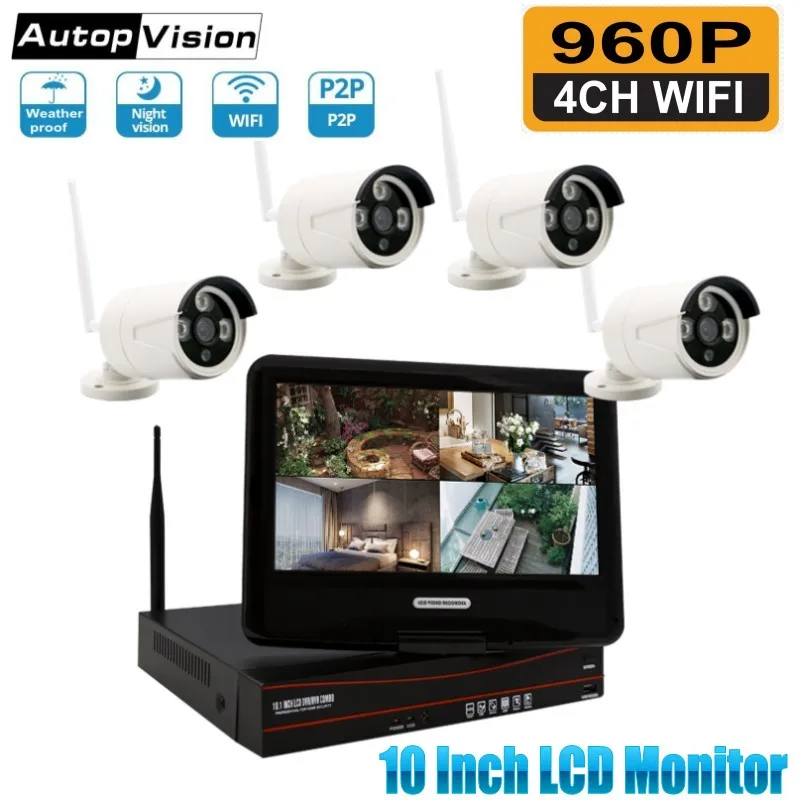 

10 Inch Monitor 4CH 960P WIFI NVR Kit 1.3MP Waterproof Outdoor IP Camera P2P Video Surveillance Kits Wireless CCTV Camera System