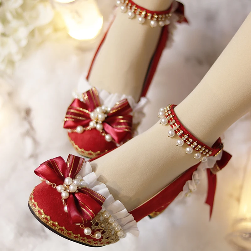 

Original Lolita Shoes Chinese Red Chinese Style High Heel Lolita Wedding Shoes Sweet Flower Wedding Shoes Heel Height 6cm