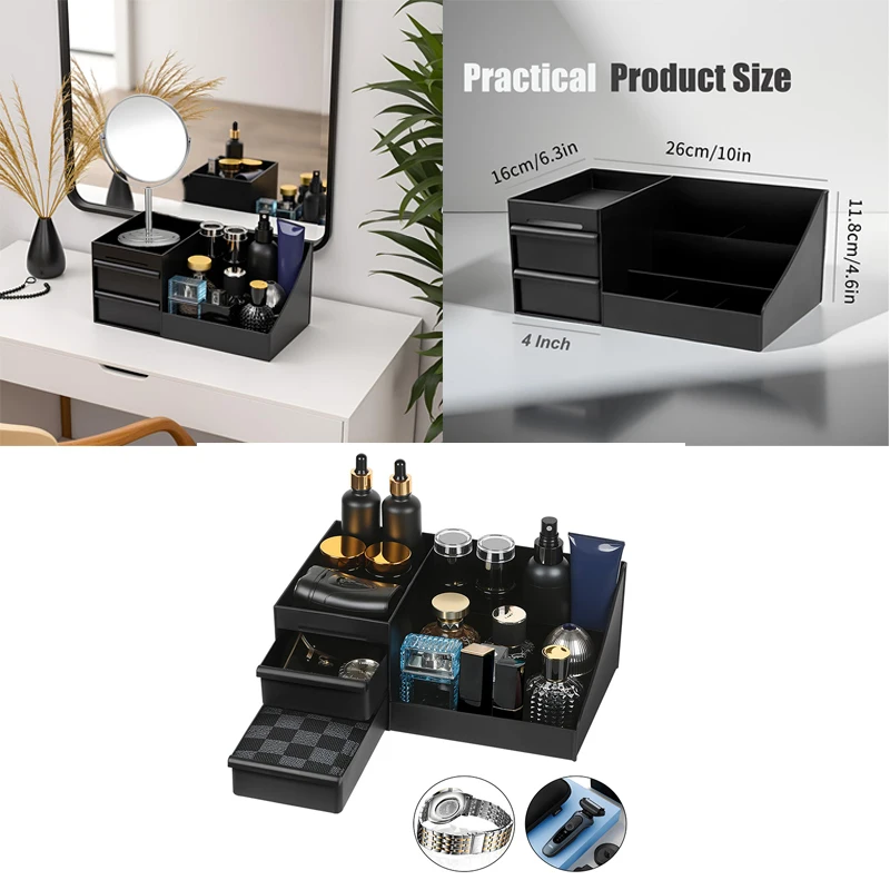 حامل منظم كولونيا للرجال لخزانة العطور وحامل كونترتوب الحمام مع أدراج ومنظم شفاف للزيوت المعطرة
