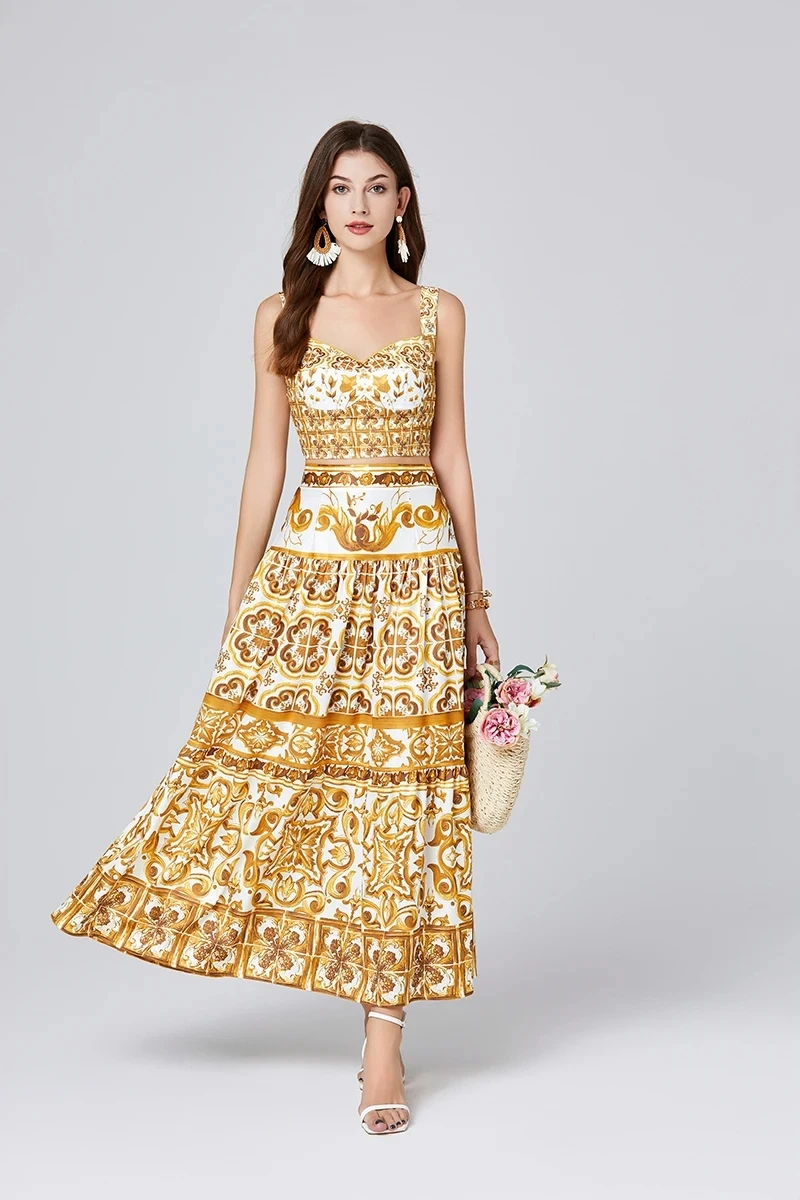 Summer Holiday Yellow Floral Two Piece Women Skirt Sets Sexy Corset Crop Tops And Long Maxi Skirts Suits 2-częściowe stroje z nadrukiem