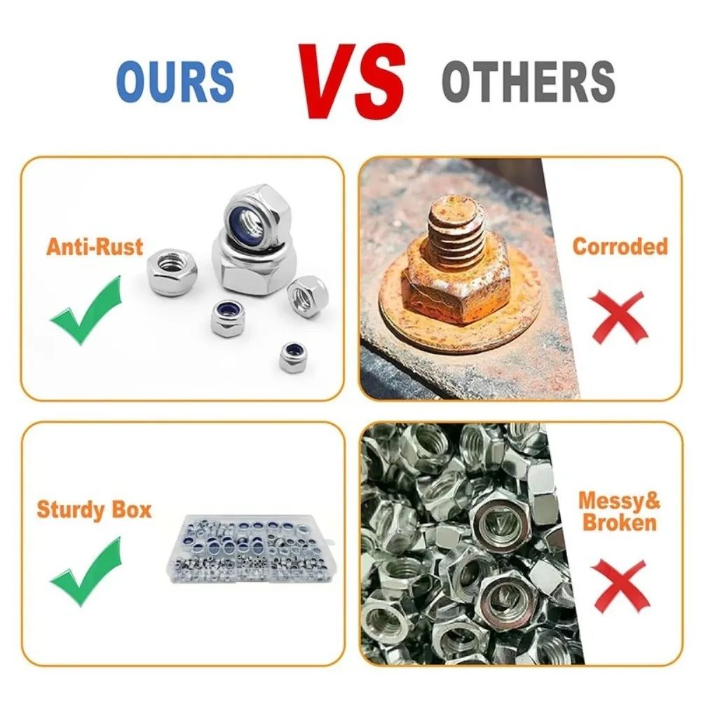 

Набор из 175 нейлоновых контргаек из нержавеющей стали M3-M10, шестигранные гайки с защитой от саморасслабления, метрические, разных размеров
