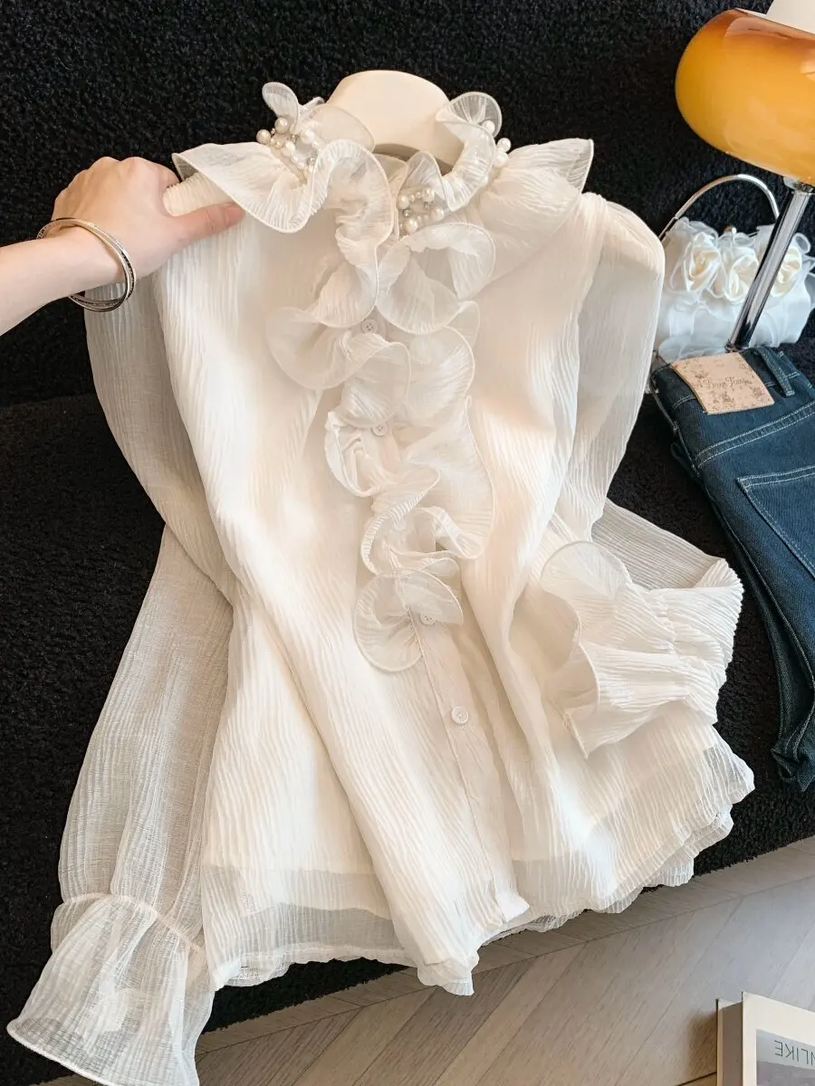 

Элегантная женская блузка с длинным рукавом, кружевной отделкой и воротником-стойкой, роскошный стиль, весенняя мода, шифоновый топ с цветочным принтом «Нежный бриз»