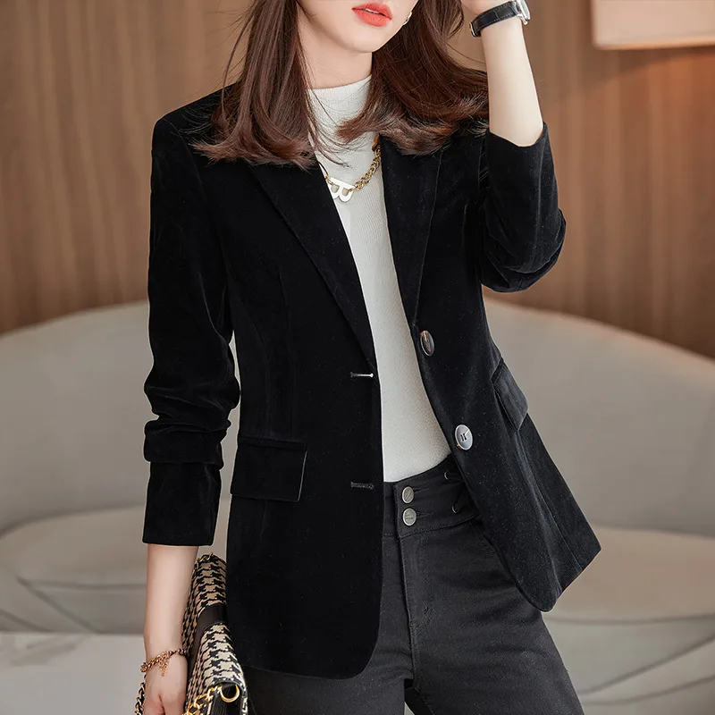 New Spring Fashion Women Midnight Navy Slim Velvet Blazer Office Lady Double Button Suit Jacket Coat Female Party Clothes Gift