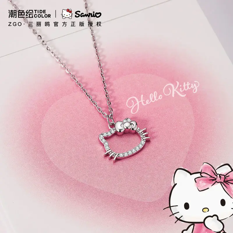 Kawaii Hello Kitty Sanrio kalung kristal merah muda Anime Aloi perak perhiasan rantai wanita pesona Valentine aksesoris hadiah gadis
